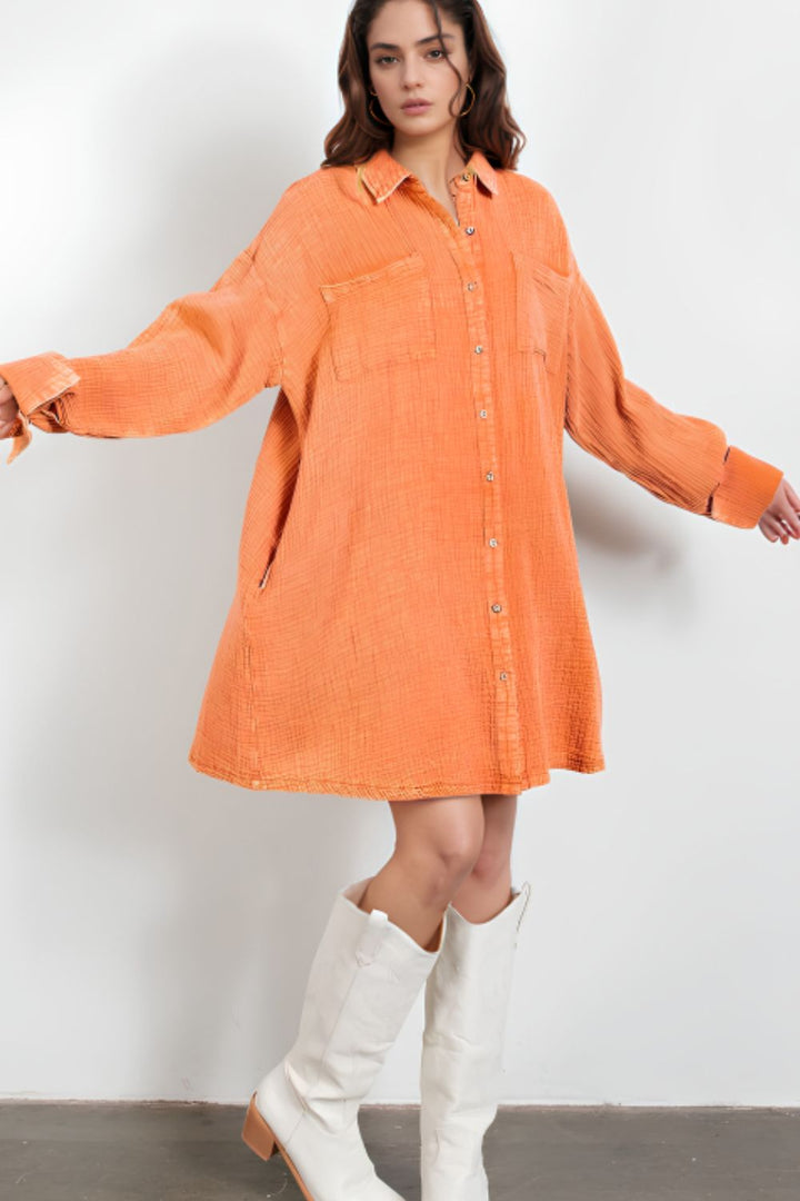 Pocketed Button Up Long Sleeve Shirt Dress