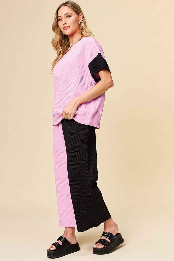 4 Colors* Boujie Babe Textured Contrast T-Shirt and Wide Leg Pants Set