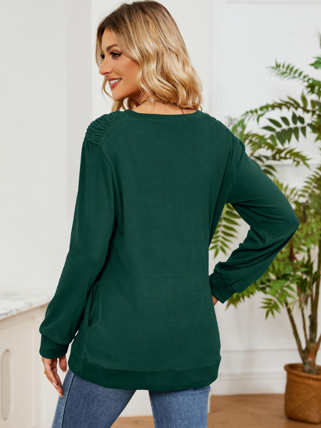 Ruched Shoulder Round Neck Long Sleeve Sweatshirt