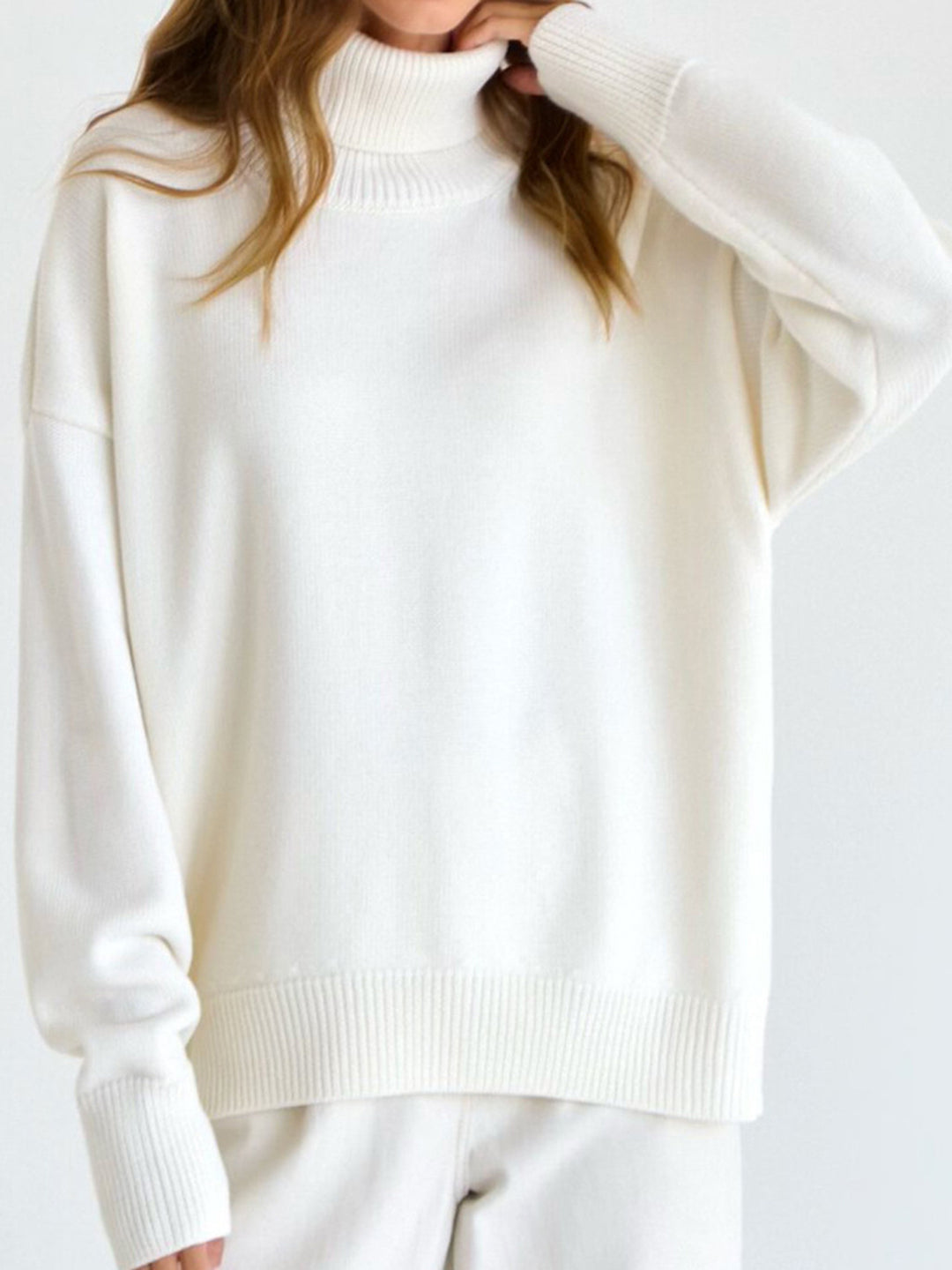 Ribbed Detail Turtleneck Dropped Shoulder Sweater