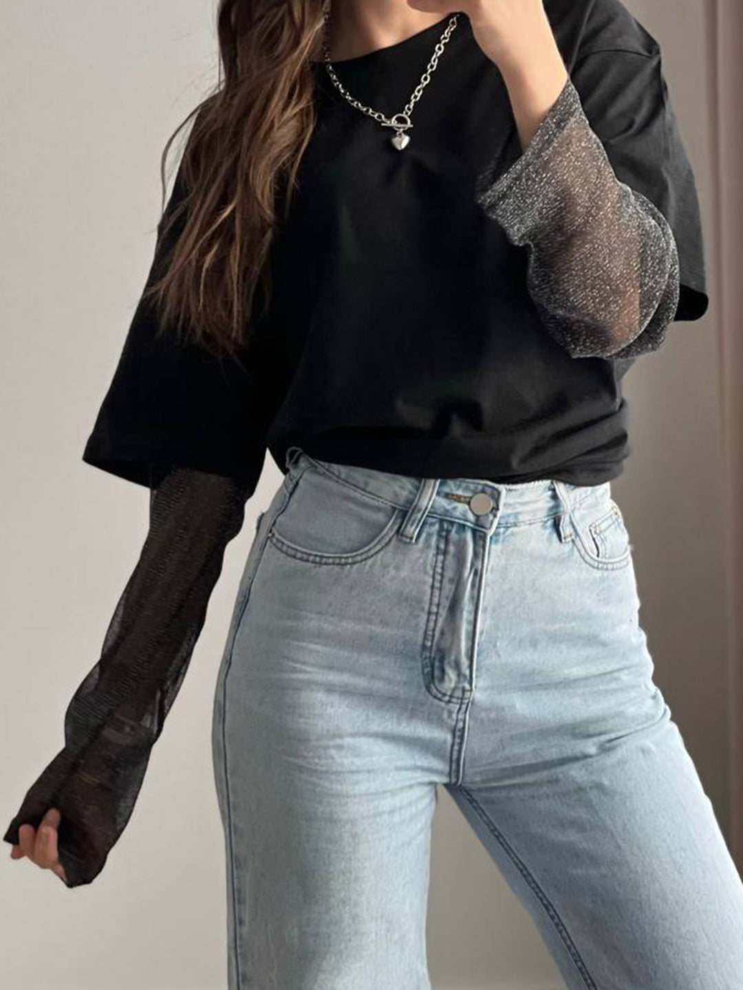 Faux Layered Round Neck Mesh Sleeve Top