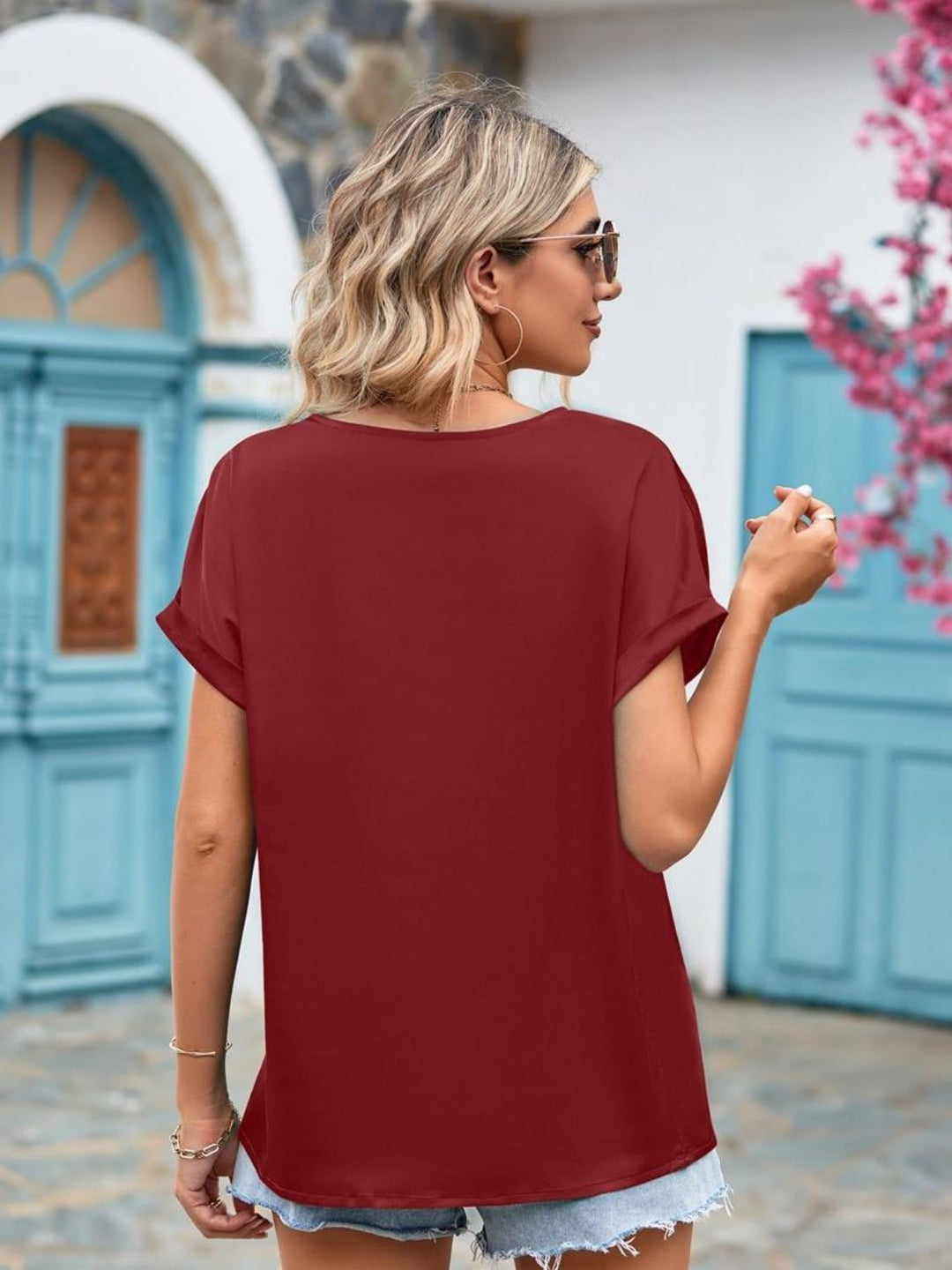 Mandy V-Neck Cuffed Blouse