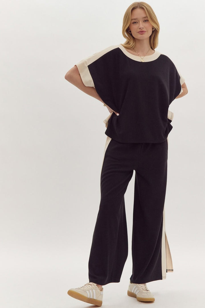 Solid Ribbed Contrast Trim Wide Leg Pants in Black