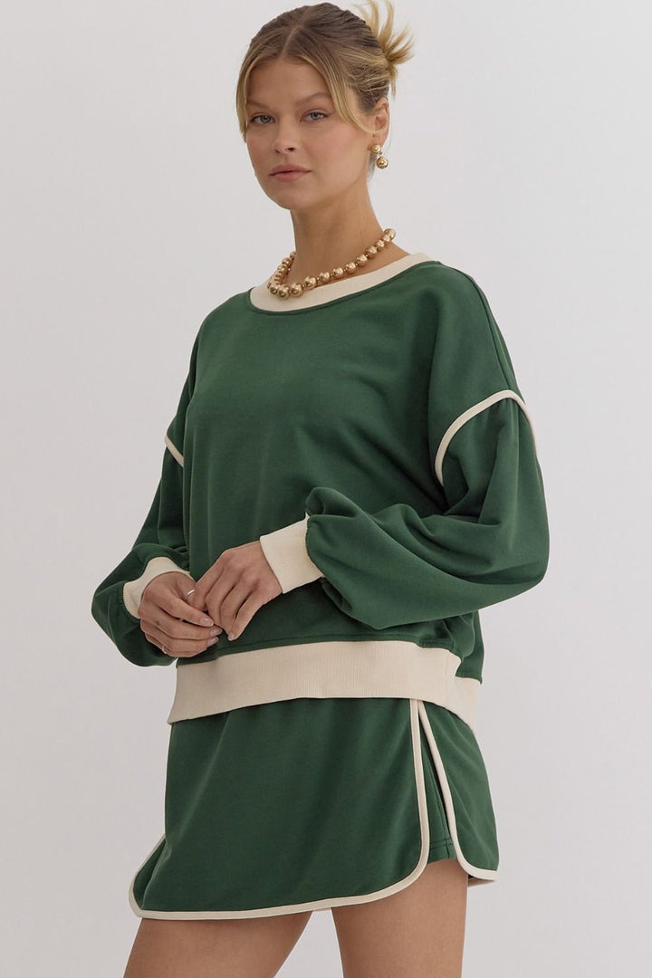 Solid Contrast Trim Long Sleeve Top in Hunter Green