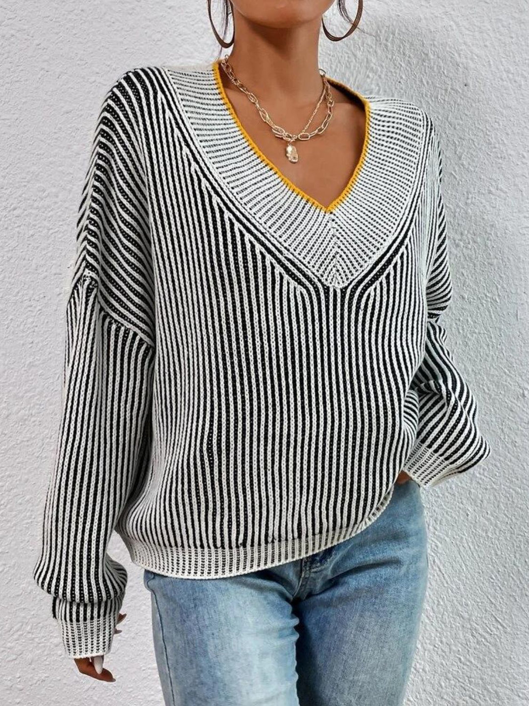 Striped V-Neck Long Sleeve Sweater