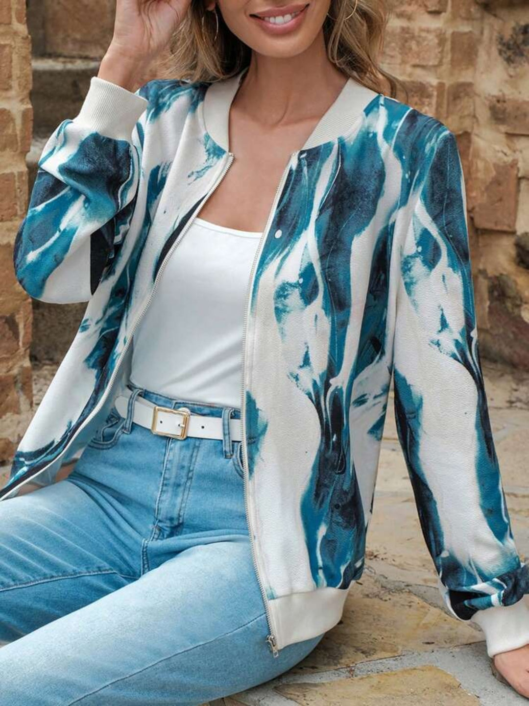 Printed Baseball Collar Zip Up Jacket