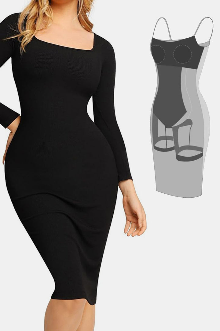 Long Sleeve Dress Square Neck Full Size Built-In Shapewear