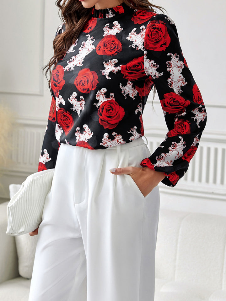 Frill Floral Mock Neck Long Sleeve Top