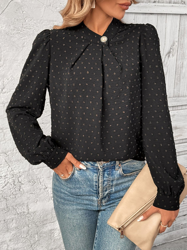 Swiss Dot Mock Neck Long Sleeve Blouse