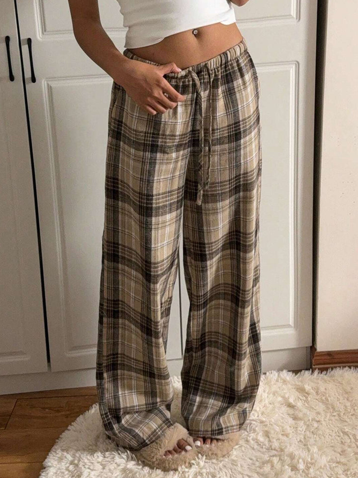 Drawstring Plaid Wide Leg Pants