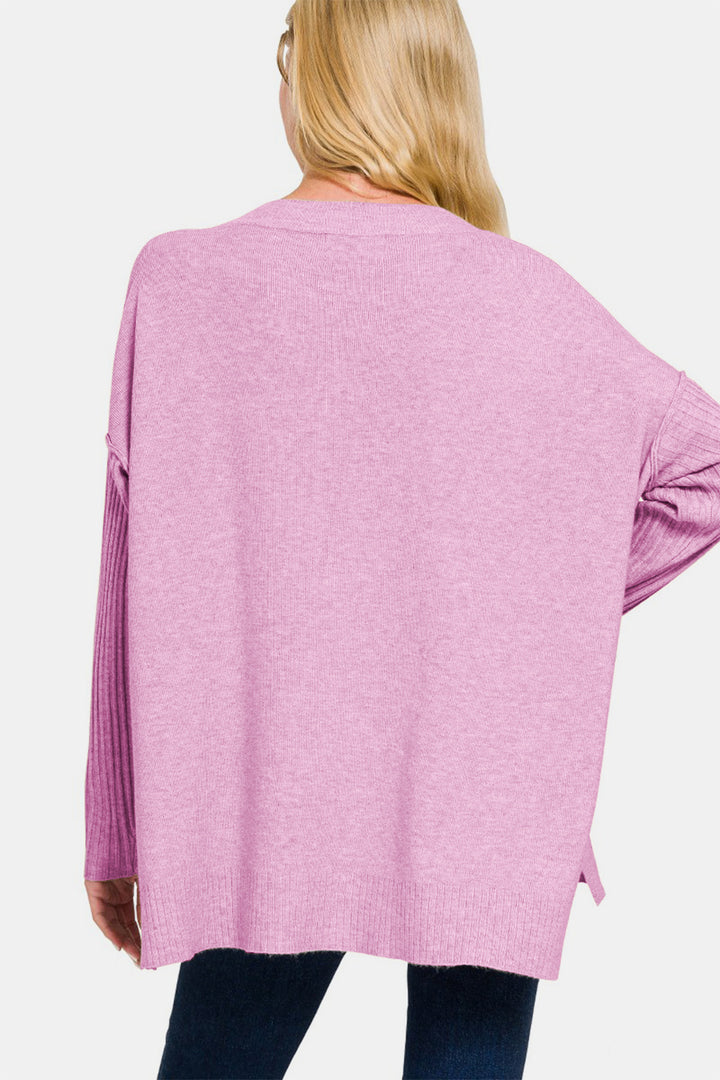 Zenana V-Neck Side Slit High-Low Sweater