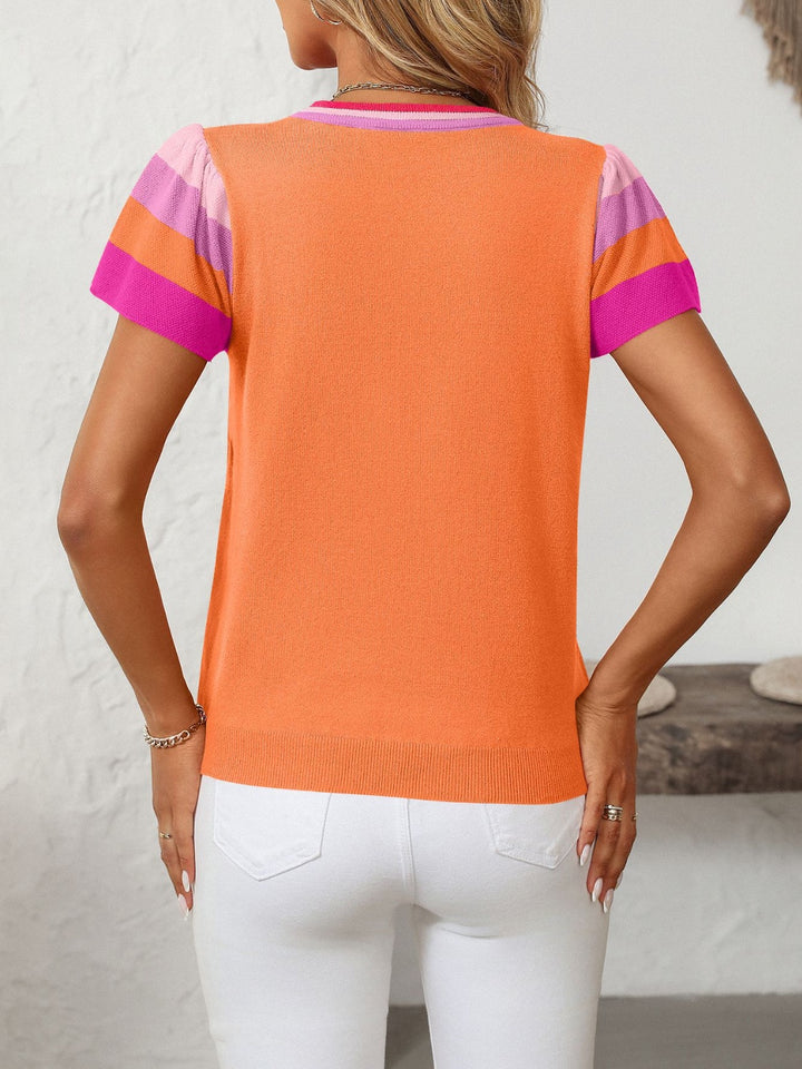 Mandy Contrast Round Neck Short Sleeve Knit Top