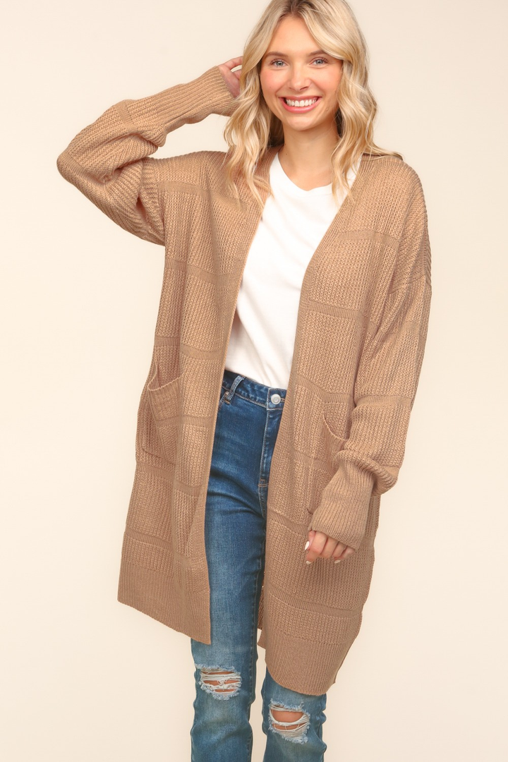 Stripe Textured Open Cardigan with Pockets in Taupe