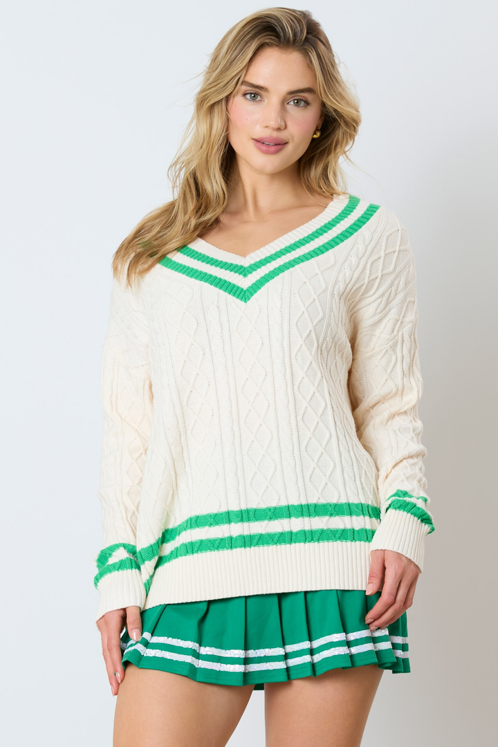 Varsity V-Neck Cable Sweater