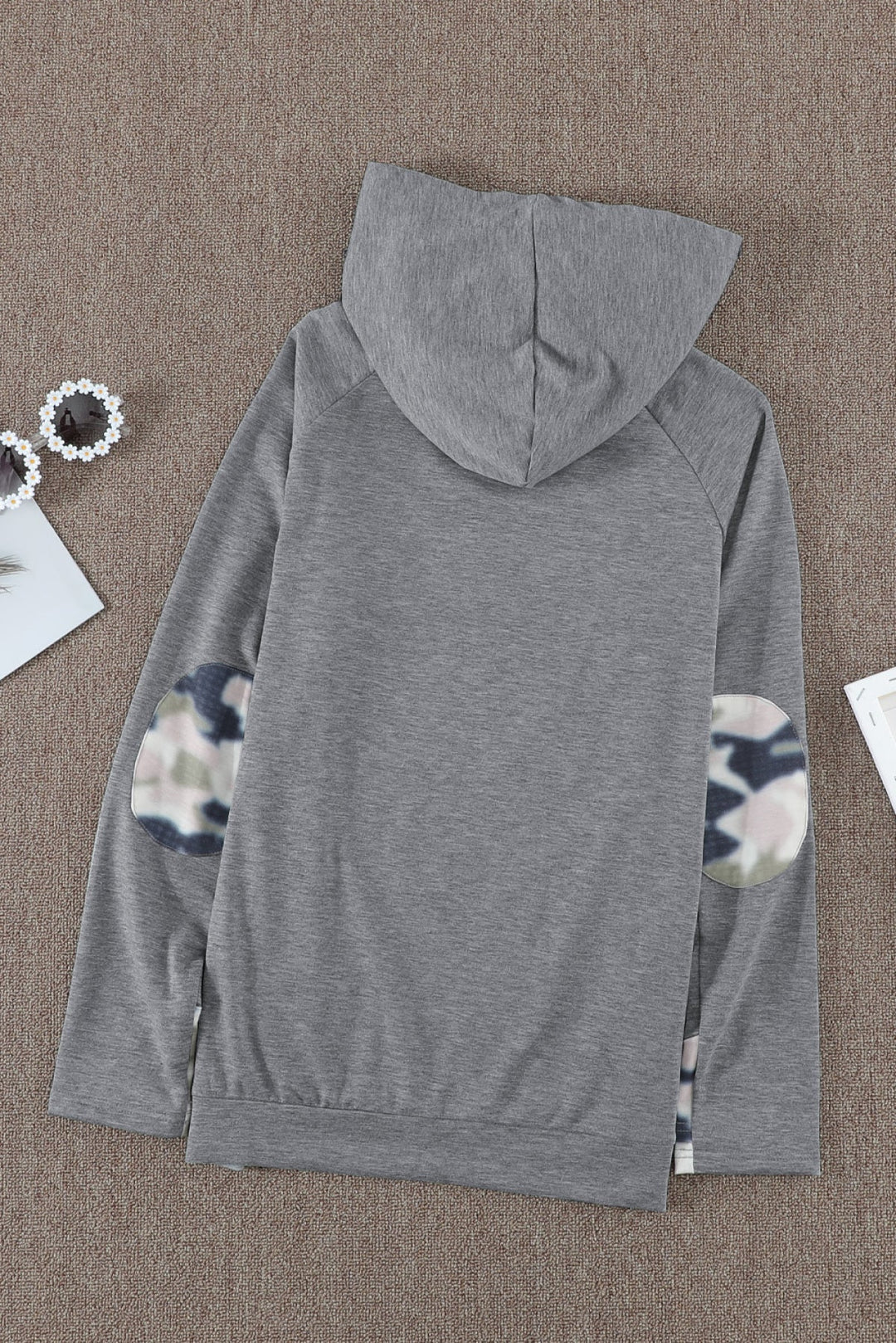 Gray Double Hooded Sweatshirt With Camo Elbow Patch And Inner Hooded