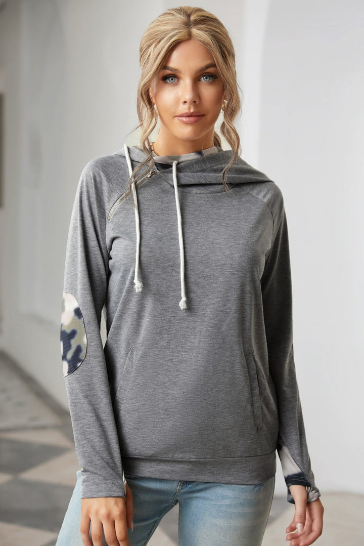 Gray Double Hooded Sweatshirt With Camo Elbow Patch And Inner Hooded