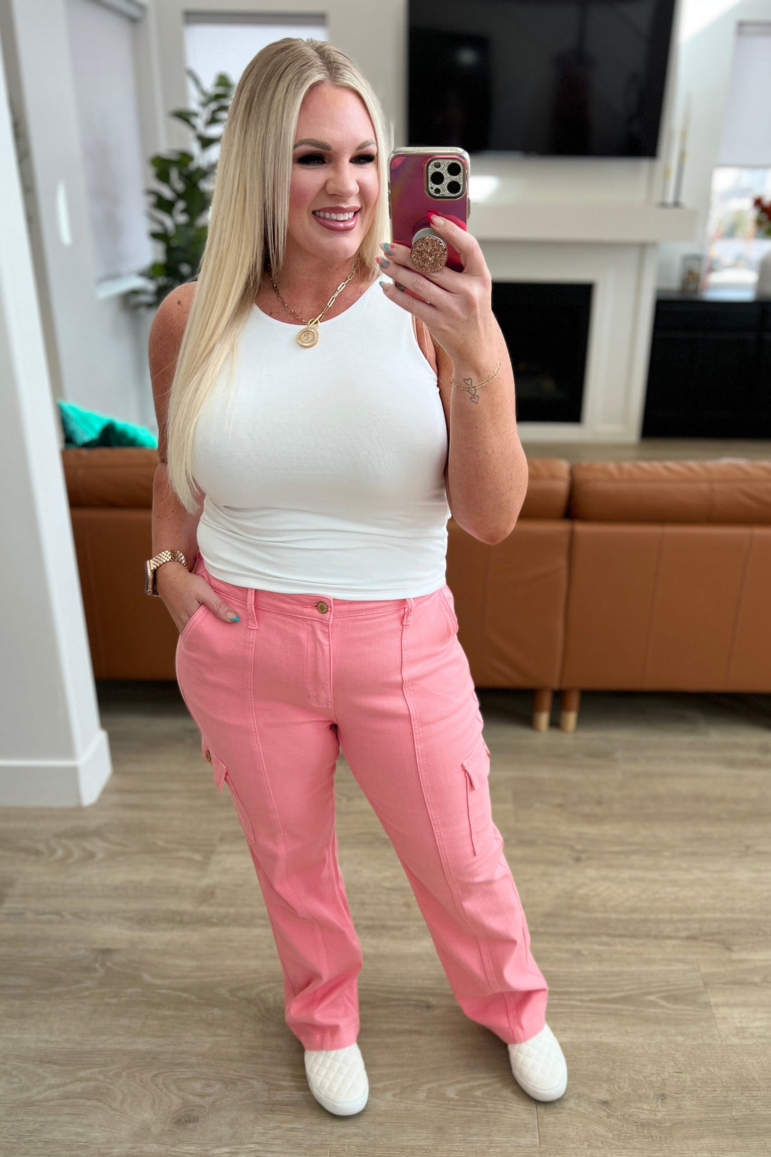 Peggy High Rise Cargo Straight Jeans in Pink by Judy Blue