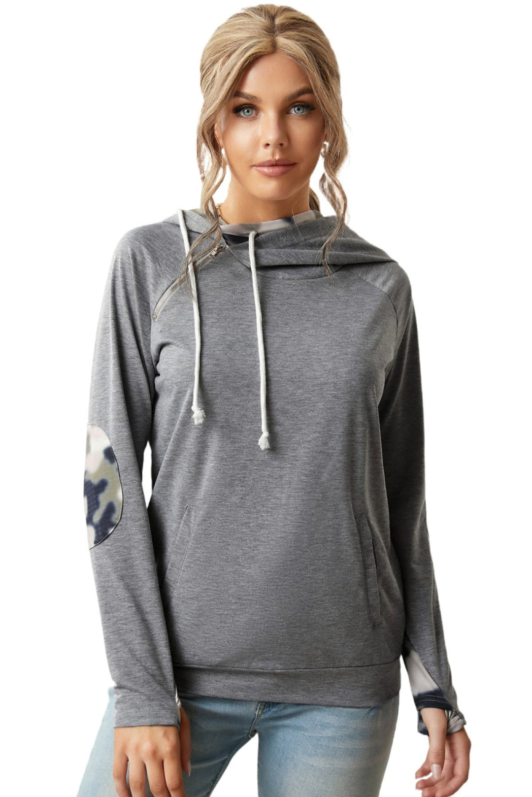 Gray Double Hooded Sweatshirt With Camo Elbow Patch And Inner Hooded